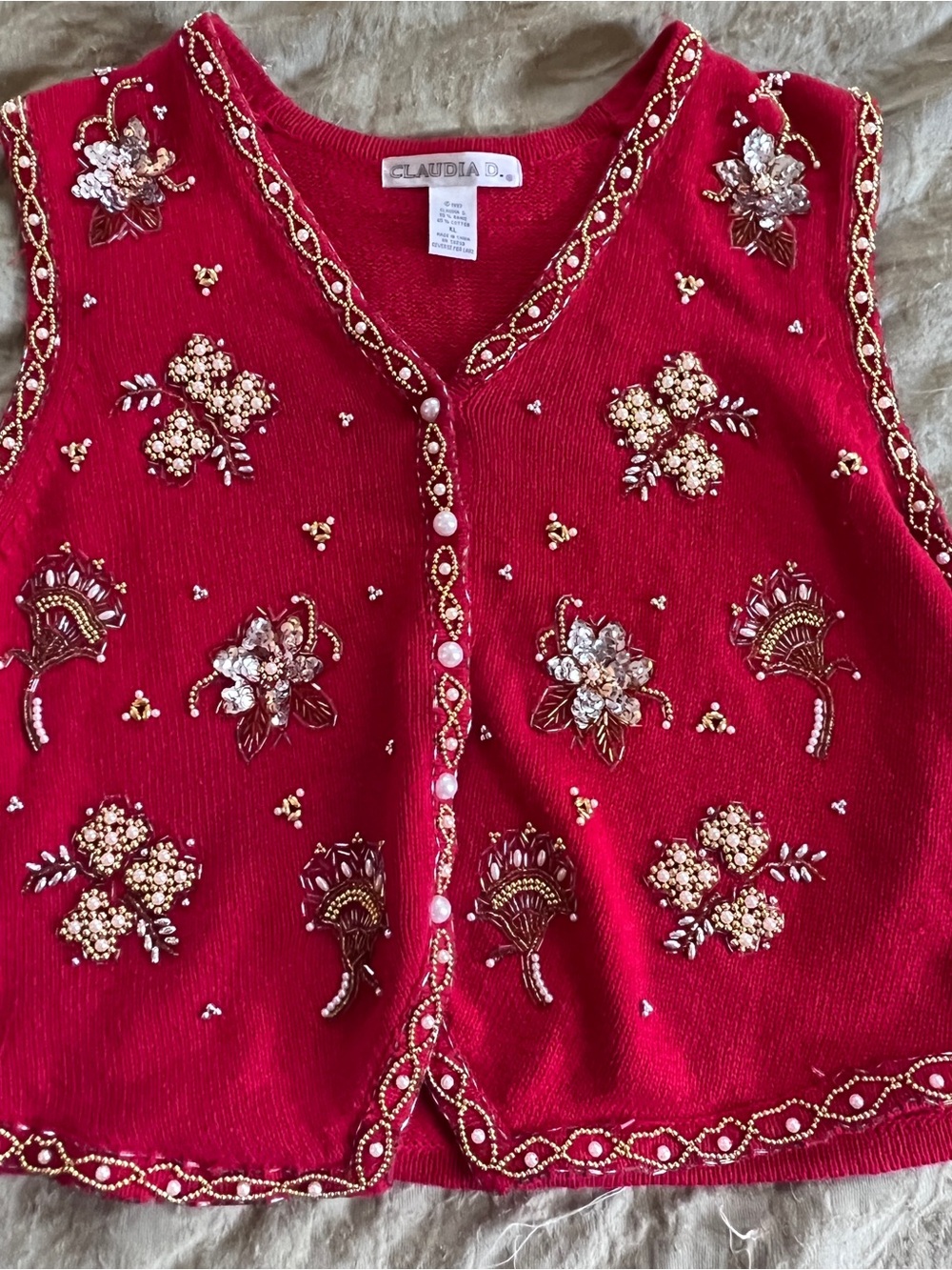 Vintage 90’s. Claudia D. Women’s Christmas Sweater Vest Size XL Gaudy Glam